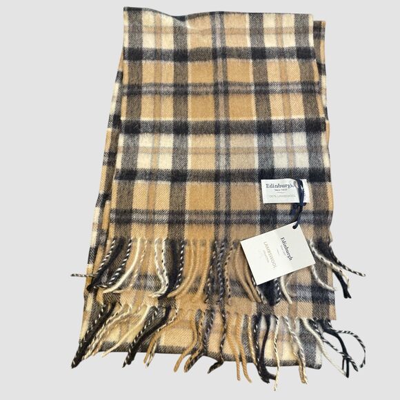 Edinburgh 100% Lambswool Scarf Bursted Checker Neutral/Navy Fringe NWT 56x12 - Picture 2 of 4